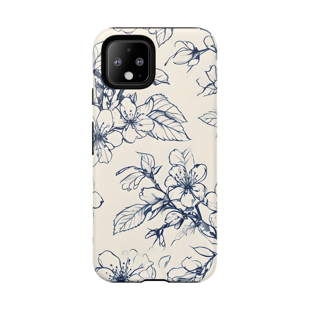 Blossom Sketch - Artistic Blue Floral Google Pixel 4 - Tough Phone Case - Hand-Drawn Botanical Design