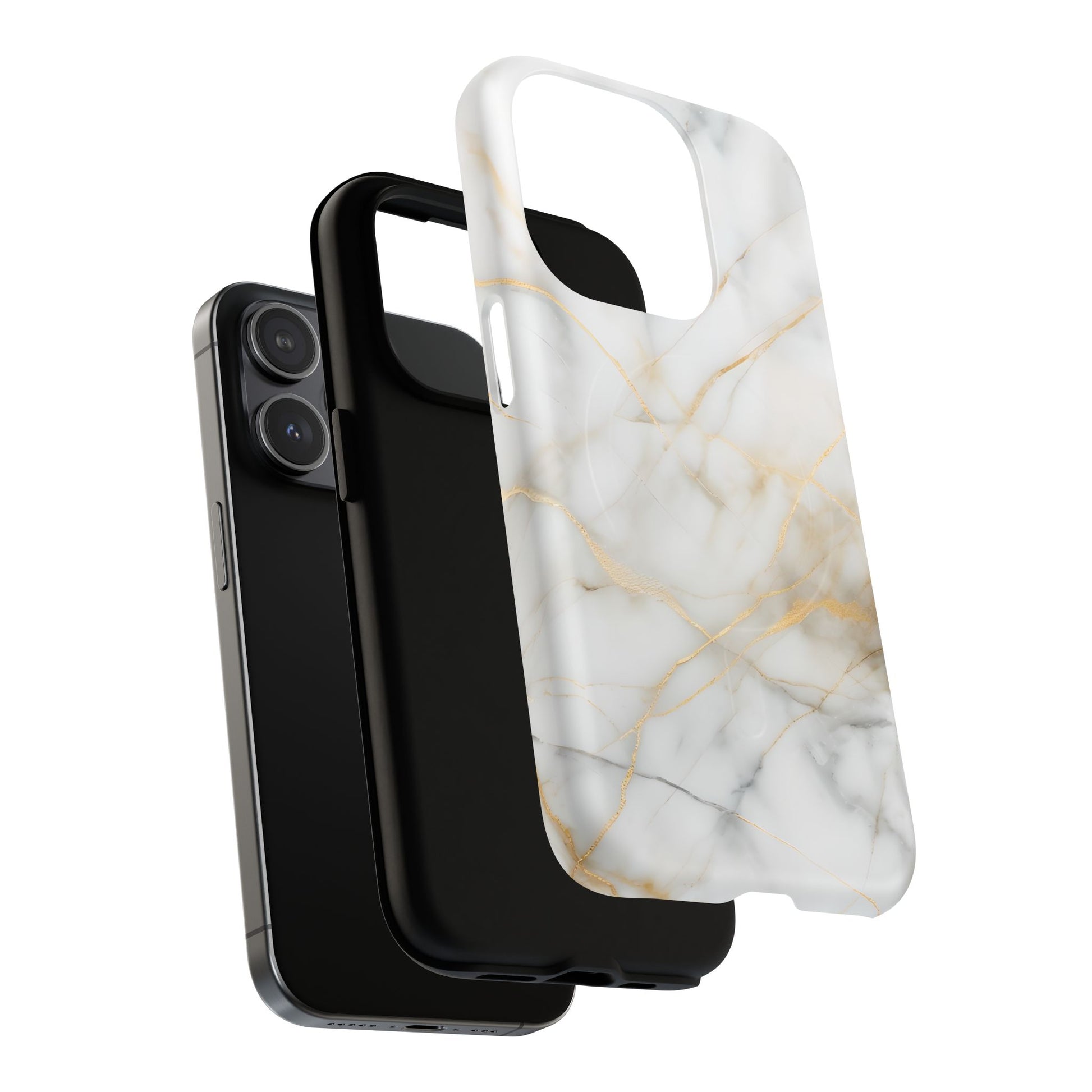 Golden Vein iPhone 15 Pro MagSafe Phone Case -White Neutral Marble Design