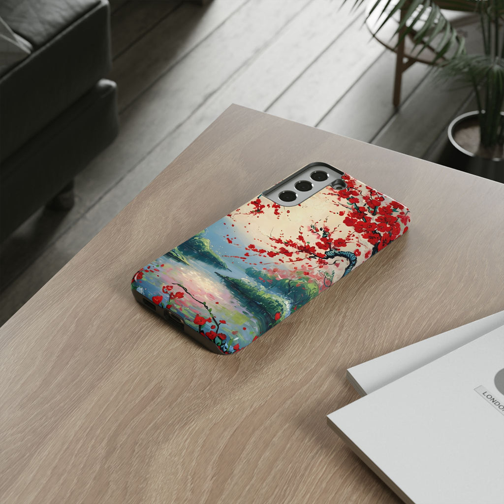 Crimson Blossom Lake - Artistic Floral Landscape Samsung Galaxy S22 Plus Tough Phone Case - Red Cherry Blossoms & Serene Lake Design