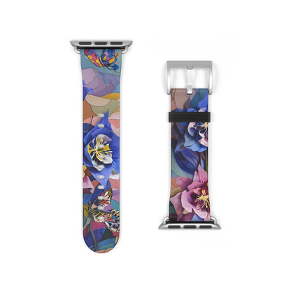 Blue Columbine Carnivale Apple Watch band strap with silver clasp showing vivid columbine floral pattern in blue and bright colors