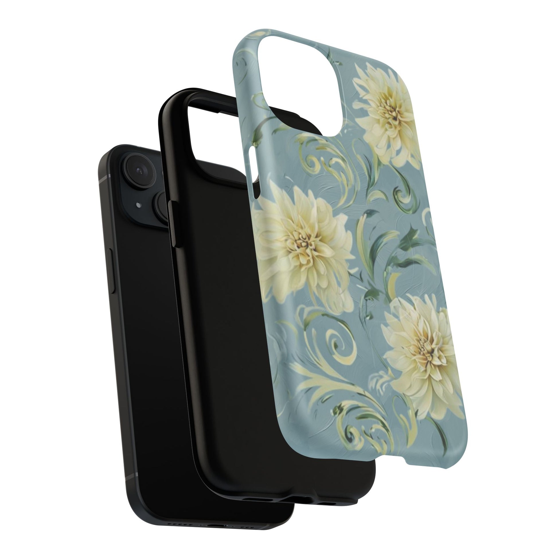 Golden Dahlia Trio - Elegant Floral iPhone 15 MagSafe Phone Case - Artistic White & Blue Dahlia Design