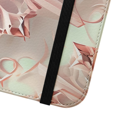 Close view of Blush Frost geometric floral iPhone wallet flip phone case with elastic closure