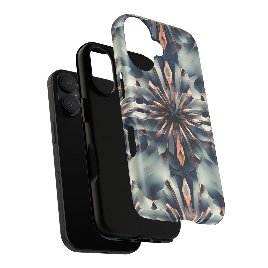 Obsidian Kaleidoscope Artistic Floral Burst - iPhone 16 MagSafe Phone Case -Blue, Peach and Silver Symmetrical Design