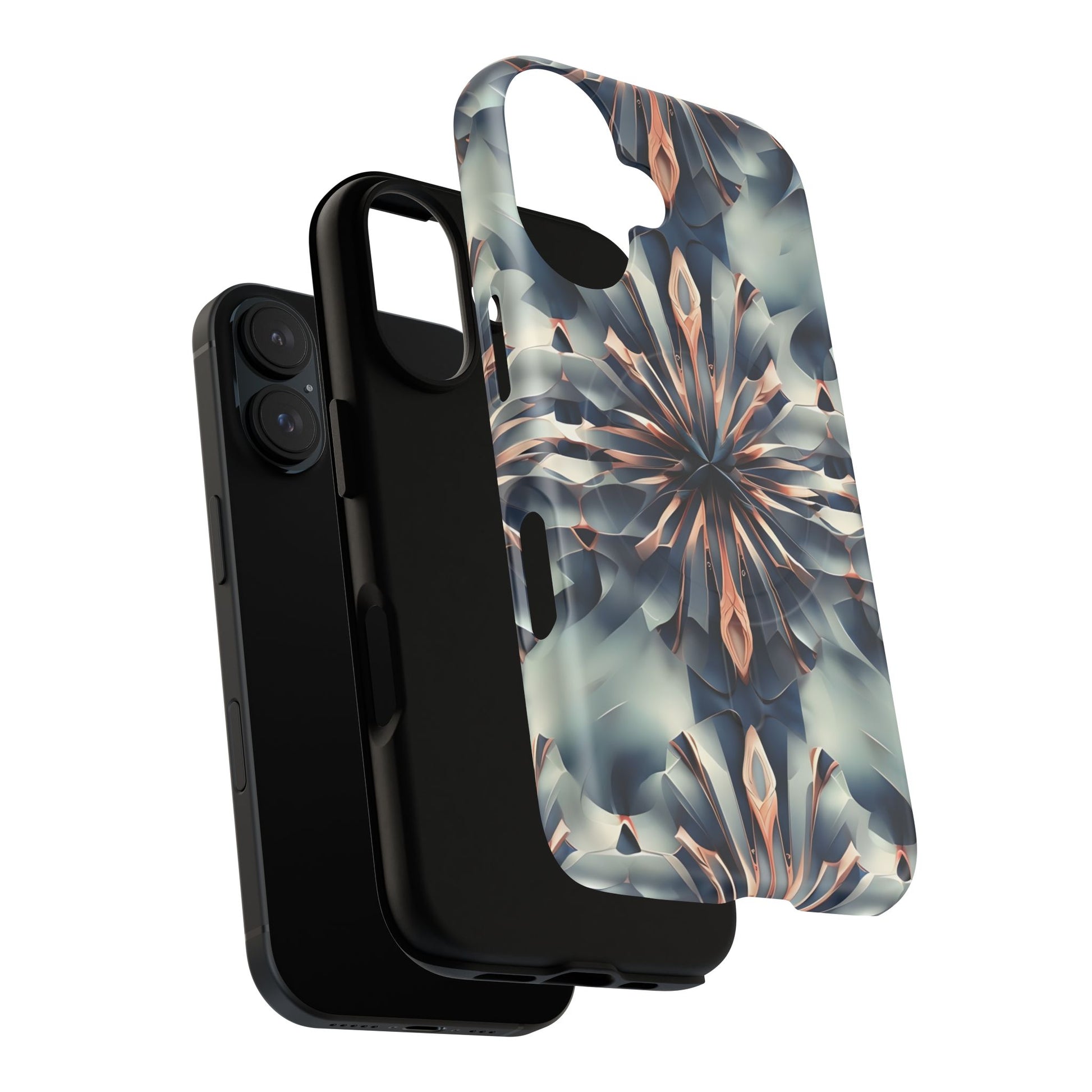 Obsidian Kaleidoscope Artistic Floral Burst - iPhone 16 MagSafe Phone Case -Blue, Peach and Silver Symmetrical Design