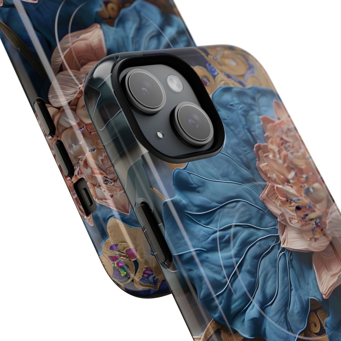 Angled view of Peony Midnight Tapestry iPhone MagSafe protective phone case