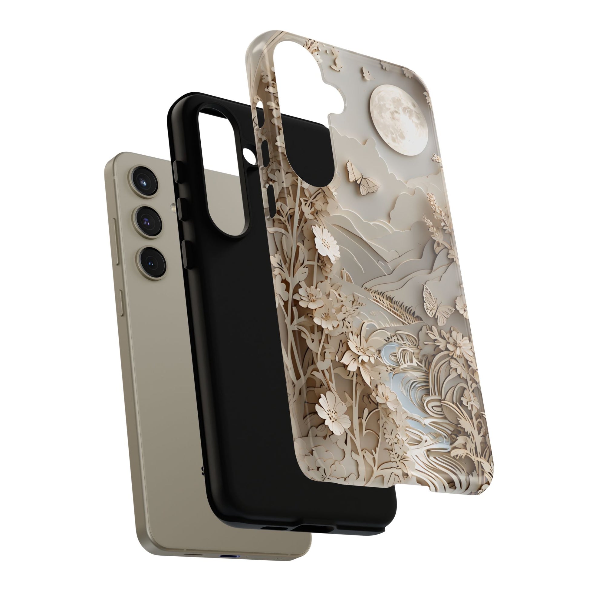 Moonlit Garden - Elegant Neutral Floral Samsung Galaxy S24 Plus Tough Phone Case - Painterly Botanical & Moon Design