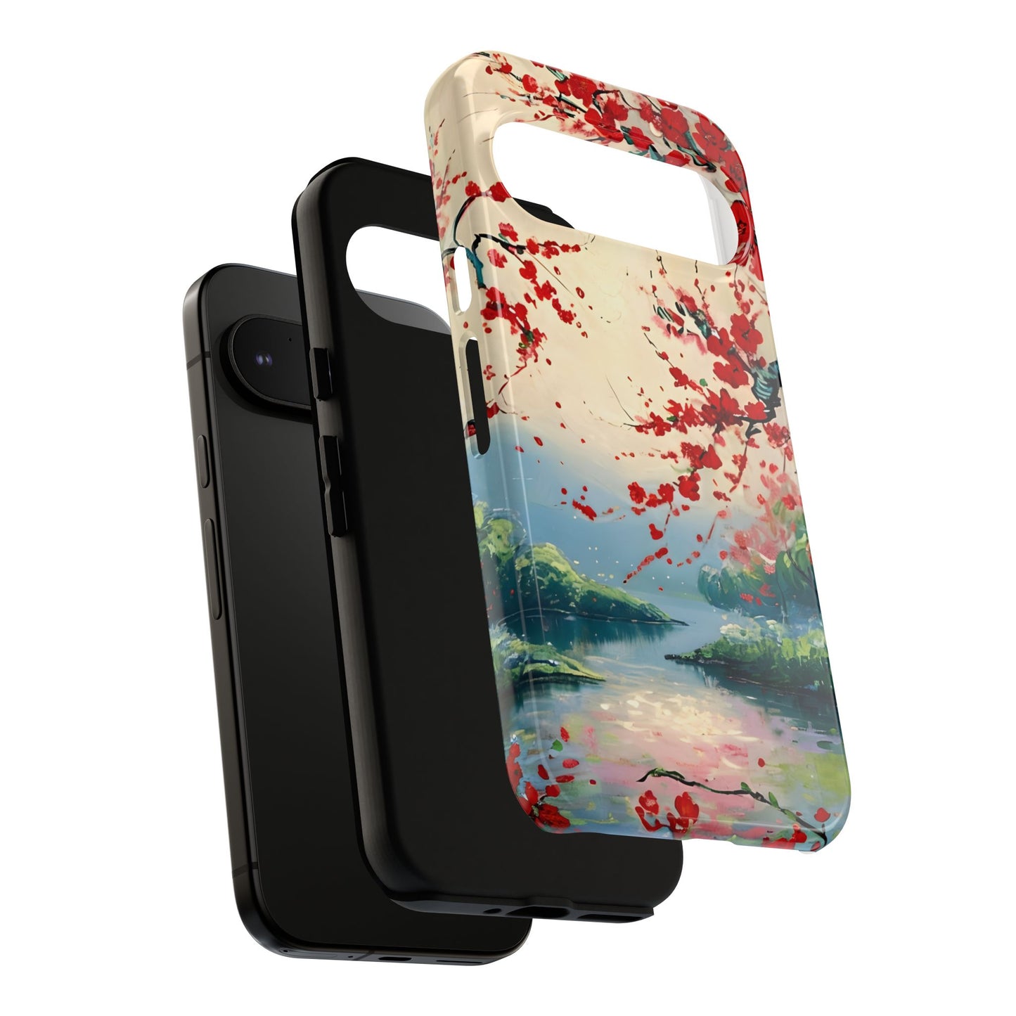 Crimson Blossom Lake - Artistic Floral Landscape Google Pixel 6 Tough Phone Case - Red Cherry Blossoms & Serene Lake Design