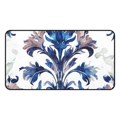 Delft Reverie desk mat featuring blue and white porcelain-inspired floral design