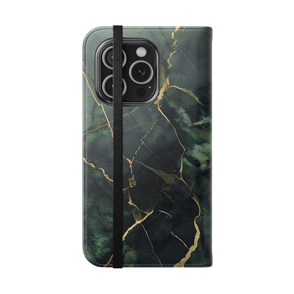 Verdant Vein - Green Marble Design Wallet Phone Case for iPhone 15 Pro