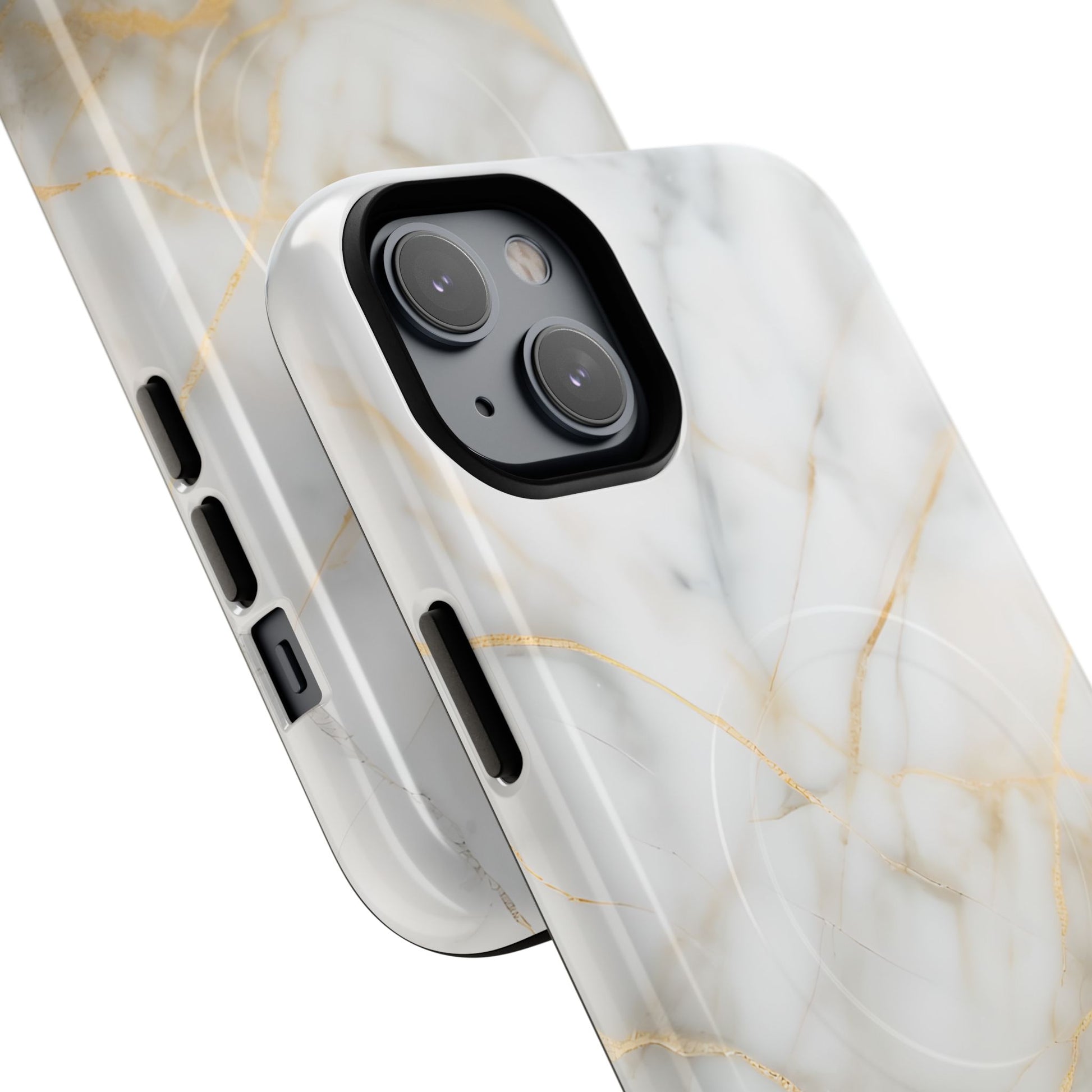 Golden Vein iPhone 14 Plus MagSafe Phone Case -White Neutral Marble Design