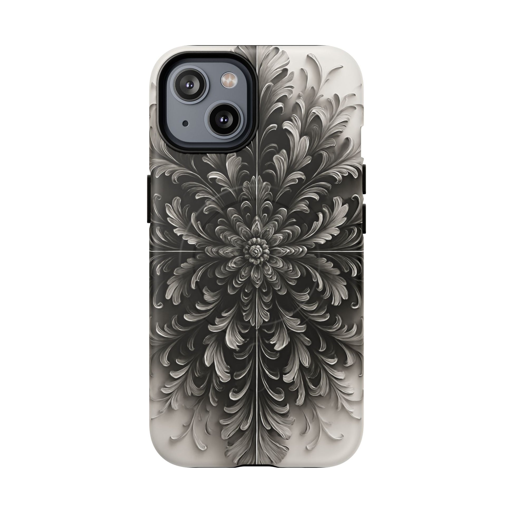 Obsidian Bloom - Elegant Black & White iPhone 14 MagSafe Phone Case - Intricate Mandala Flower Design