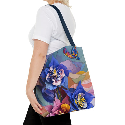 Blue Columbine Carnivale canvas tote bag worn over shoulder showing colorful floral and butterfly design