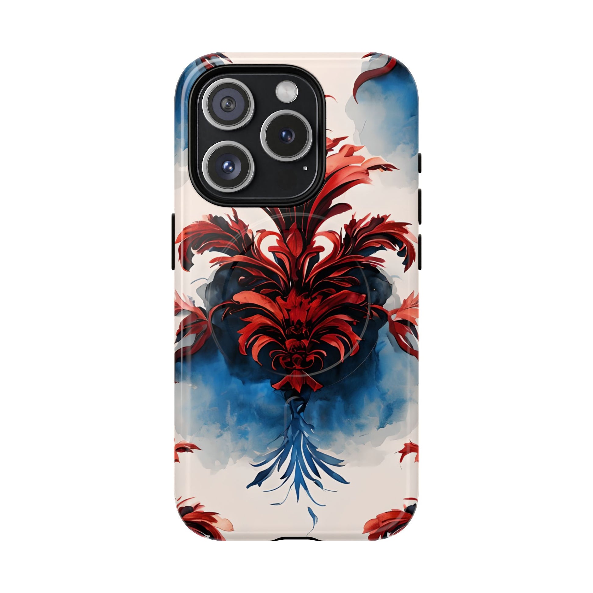 Crimson Plume - Bold Artistic Feather iPhone 15 Pro MagSafe Phone Case - Dramatic Red & Blue Design