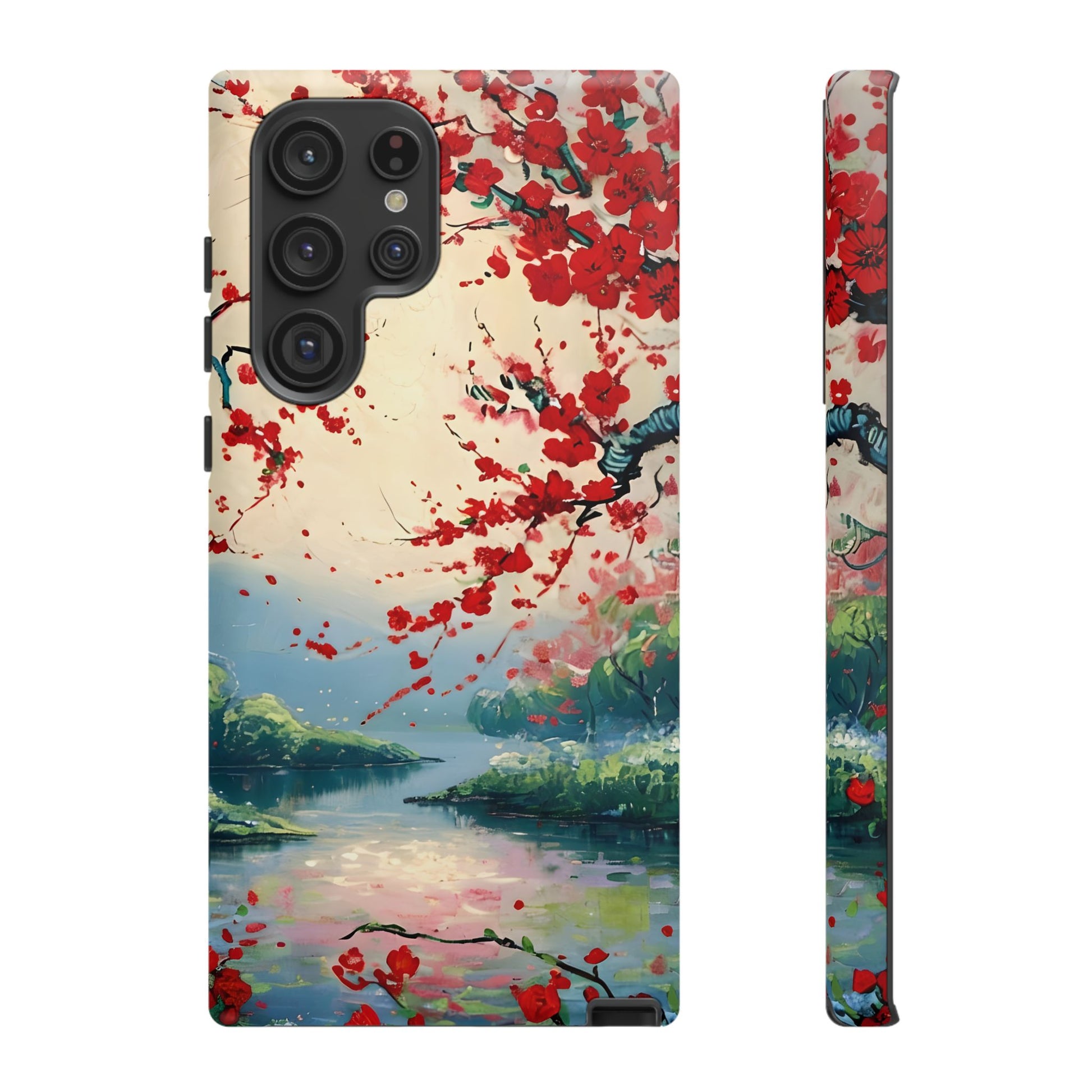 Crimson Blossom Lake - Artistic Floral Landscape Samsung Galaxy S22 Ultra Tough Phone Case - Red Cherry Blossoms & Serene Lake Design