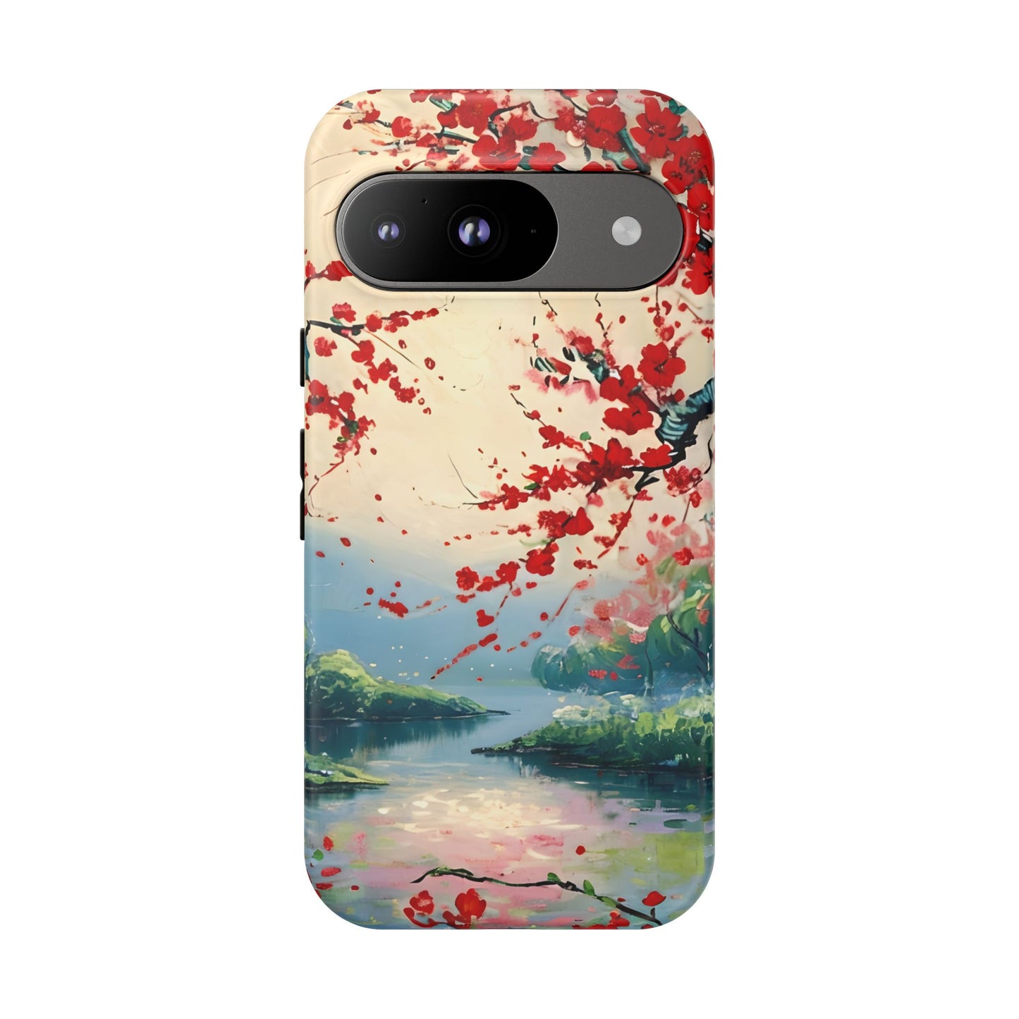 Crimson Blossom Lake - Artistic Floral Landscape Google Pixel 6 Tough Phone Case - Red Cherry Blossoms & Serene Lake Design