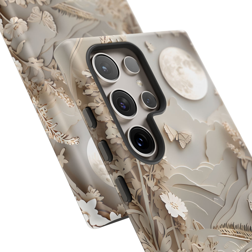 Moonlit Garden - Elegant Neutral Floral Samsung Galaxy S24 Ultra Tough Phone Case - Painterly Botanical & Moon Design