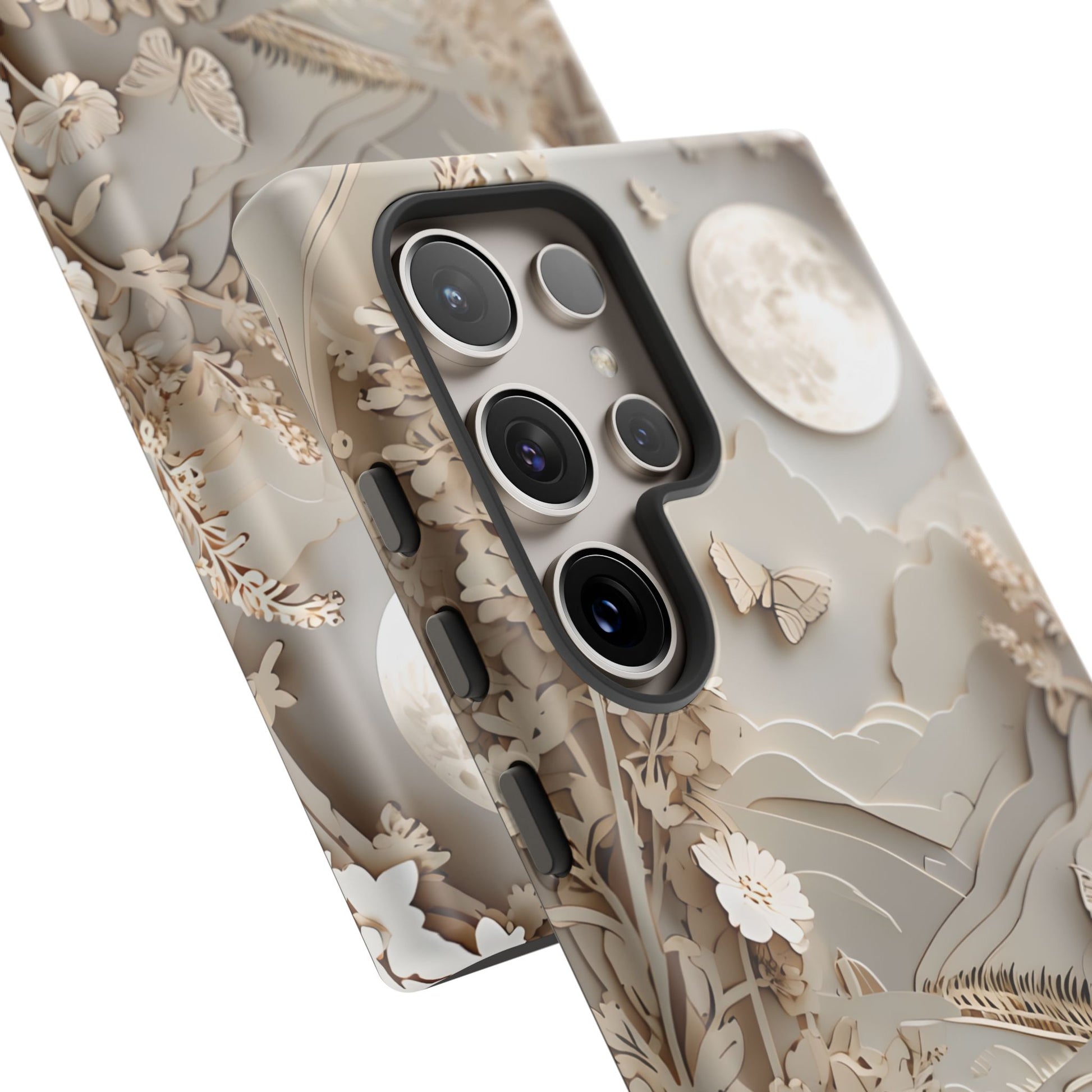 Moonlit Garden - Elegant Neutral Floral Samsung Galaxy S24 Ultra Tough Phone Case - Painterly Botanical & Moon Design