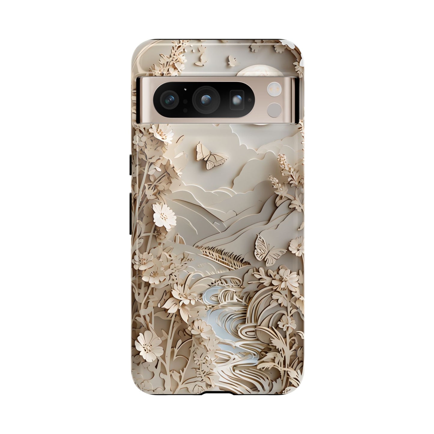 Moonlit Garden ivory floral and butterfly landscape Google Pixel phone case