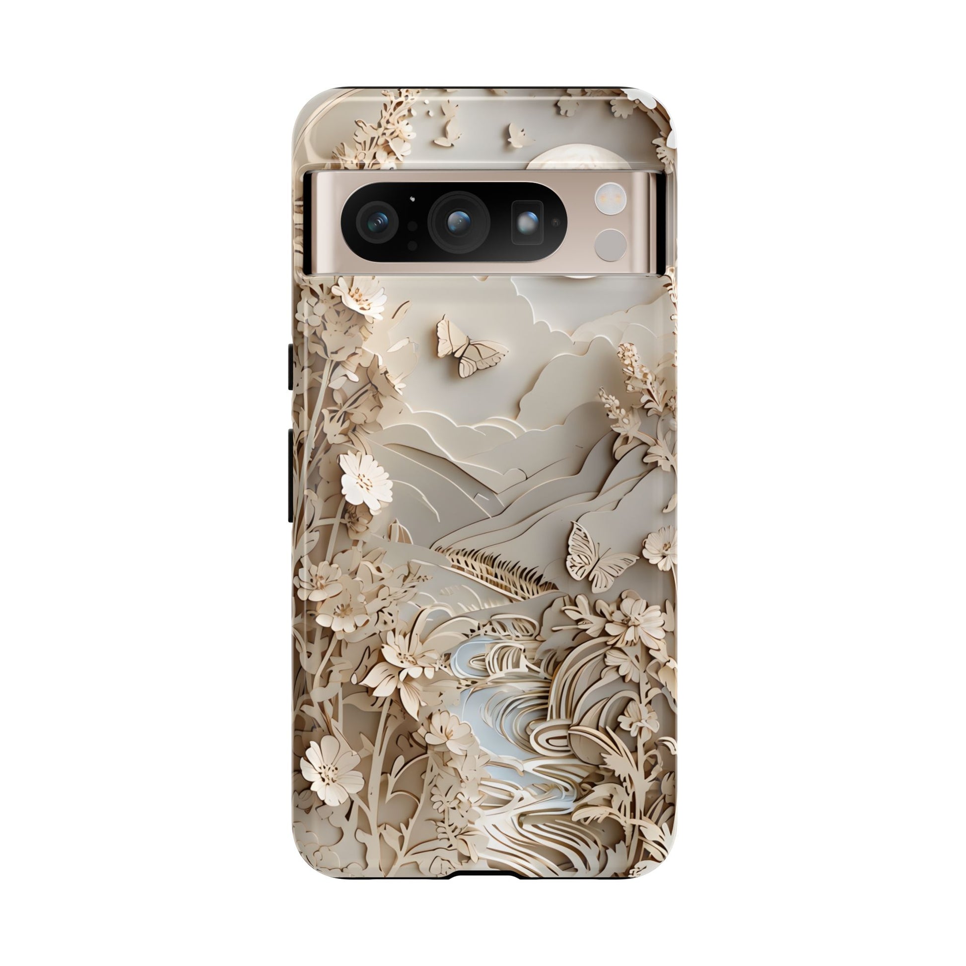 Moonlit Garden ivory floral and butterfly landscape Google Pixel phone case