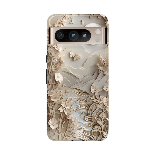 Moonlit Garden ivory floral and butterfly landscape Google Pixel phone case