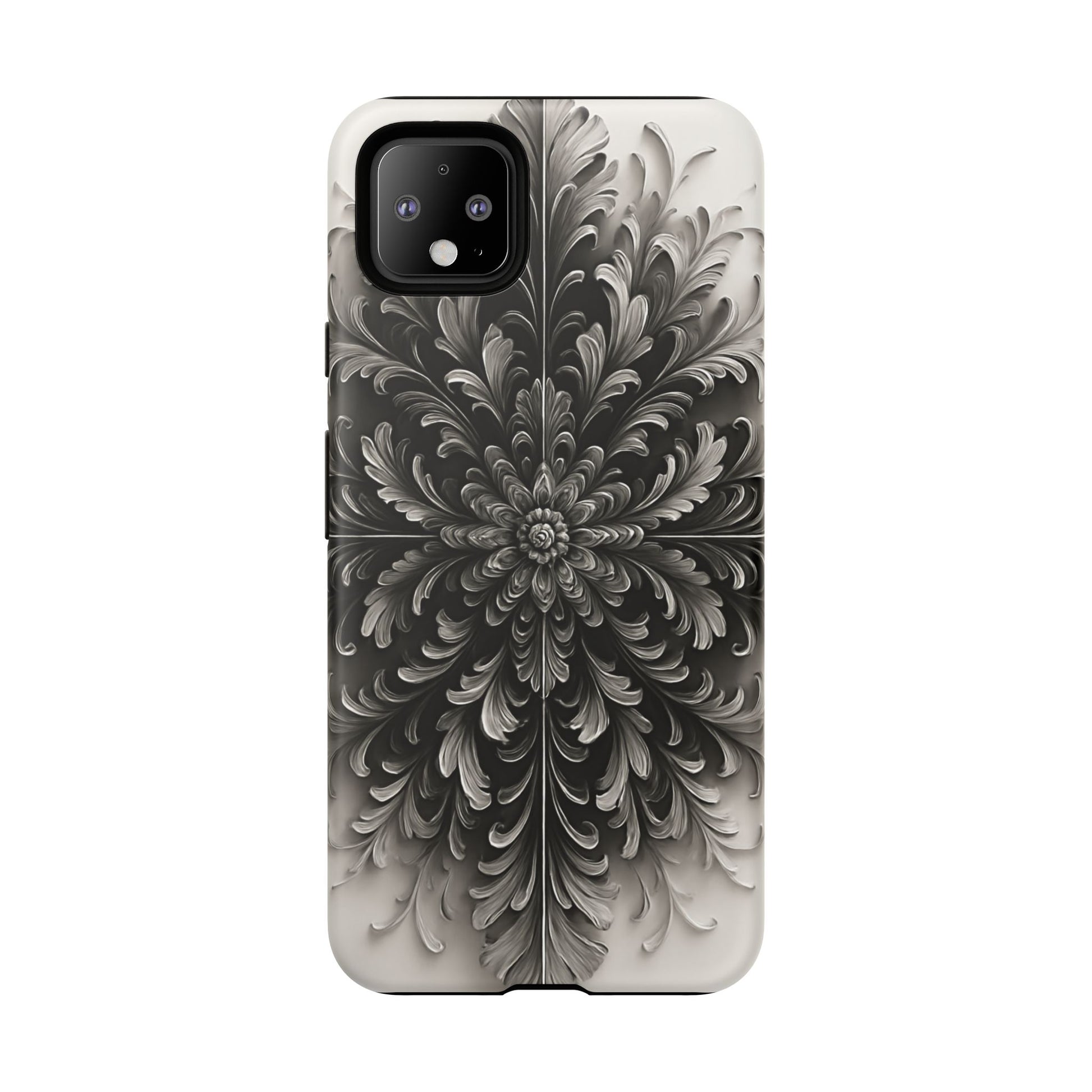 Obsidian Bloom - Elegant Black & White Google Pixel 4XL Tough Phone Case - Intricate Mandala Flower Design