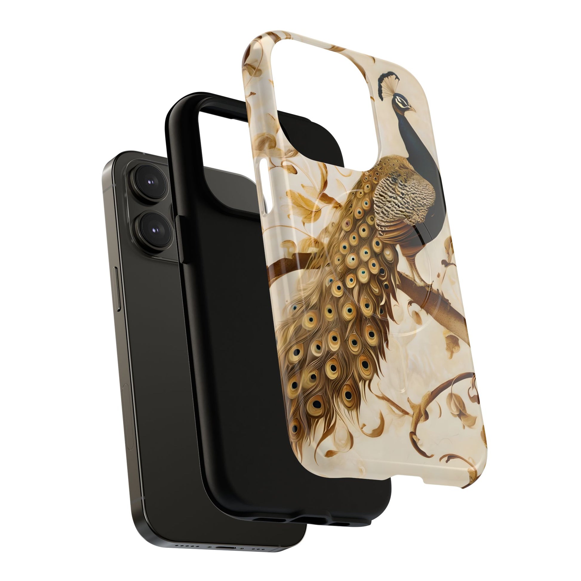 Golden Plumage - Luxe Peacock Art iPhone 14 Pro Phone Case - MagSafe Compatible - Elegant Gold & Cream Design