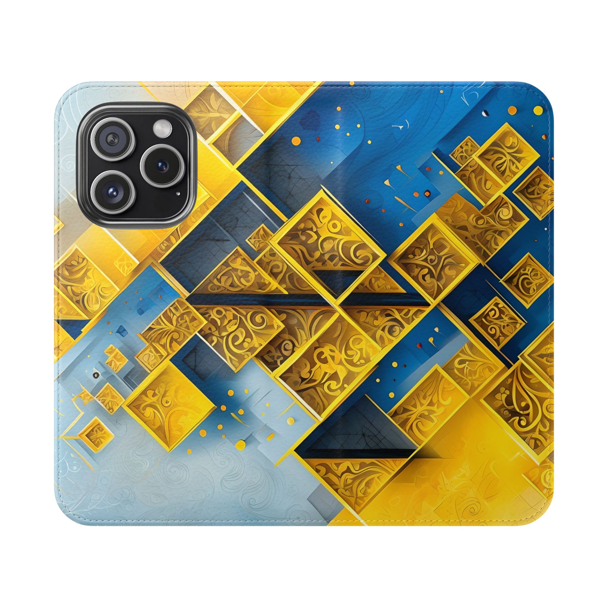 Golden Ascent Wallet Phone Case - Abstract Yellow & Blue Flip Cover for iPhone 15 Pro