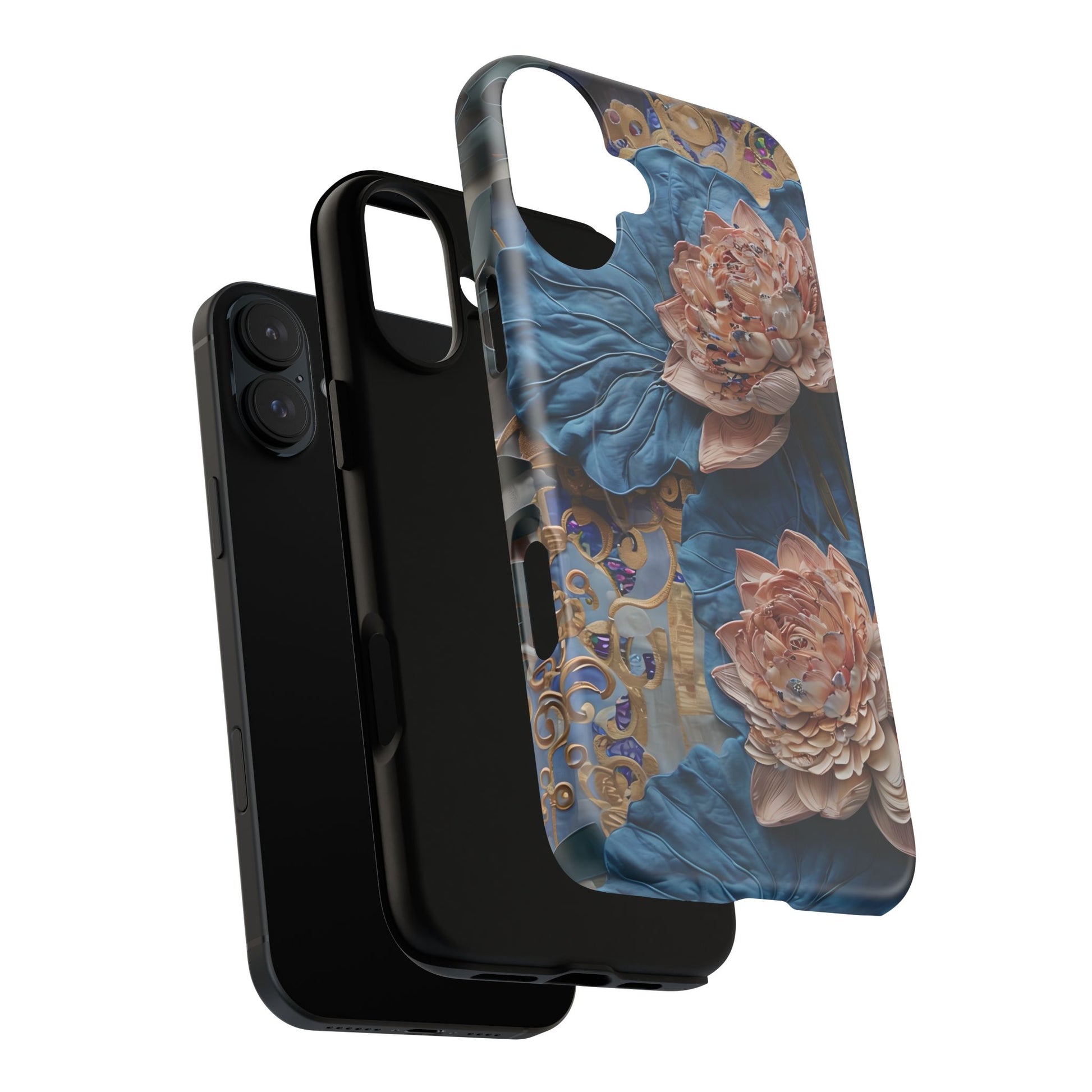 Peony Midnight Tapestry - iPhone 16 Plus - MagSafe Compatible - Elegant Blue & Blush Artful Phone Cover
