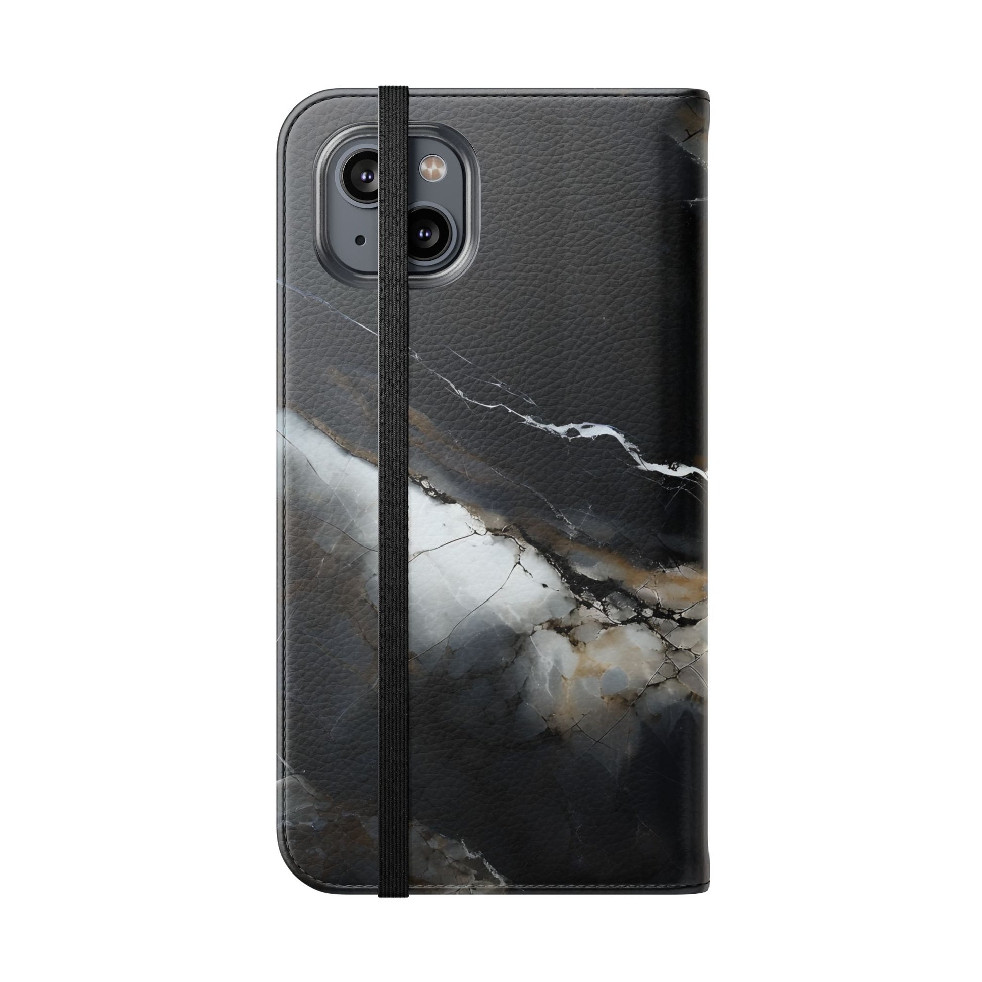 Obsidian Vein Wallet Phone Case - Black & White Marble - Flip Cover for iPhone 14 Plus