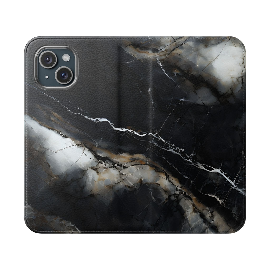 Obsidian Vein Wallet Phone Case - Black & White Marble - Flip Cover for iPhone 15