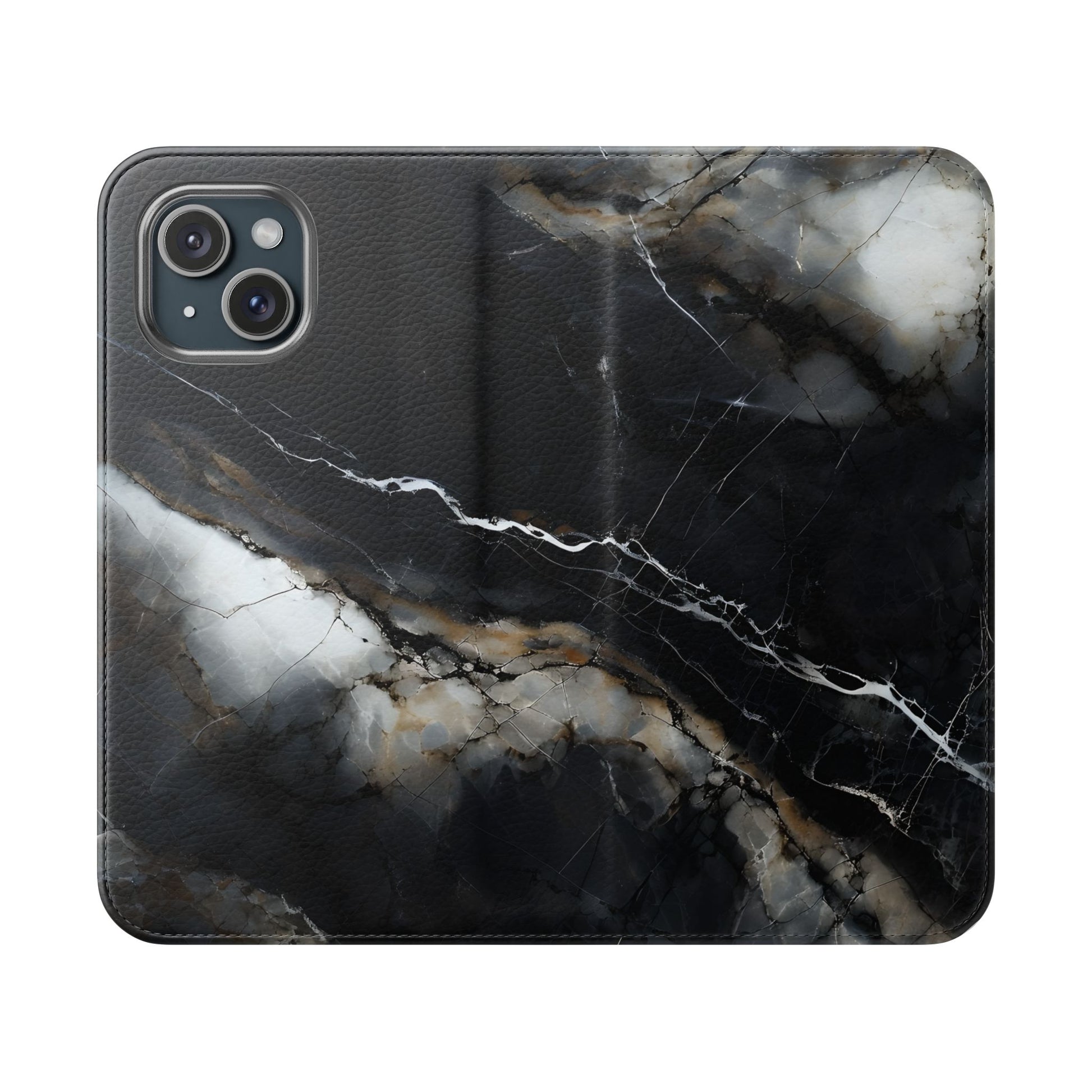 Obsidian Vein Wallet Phone Case - Black & White Marble - Flip Cover for iPhone 15