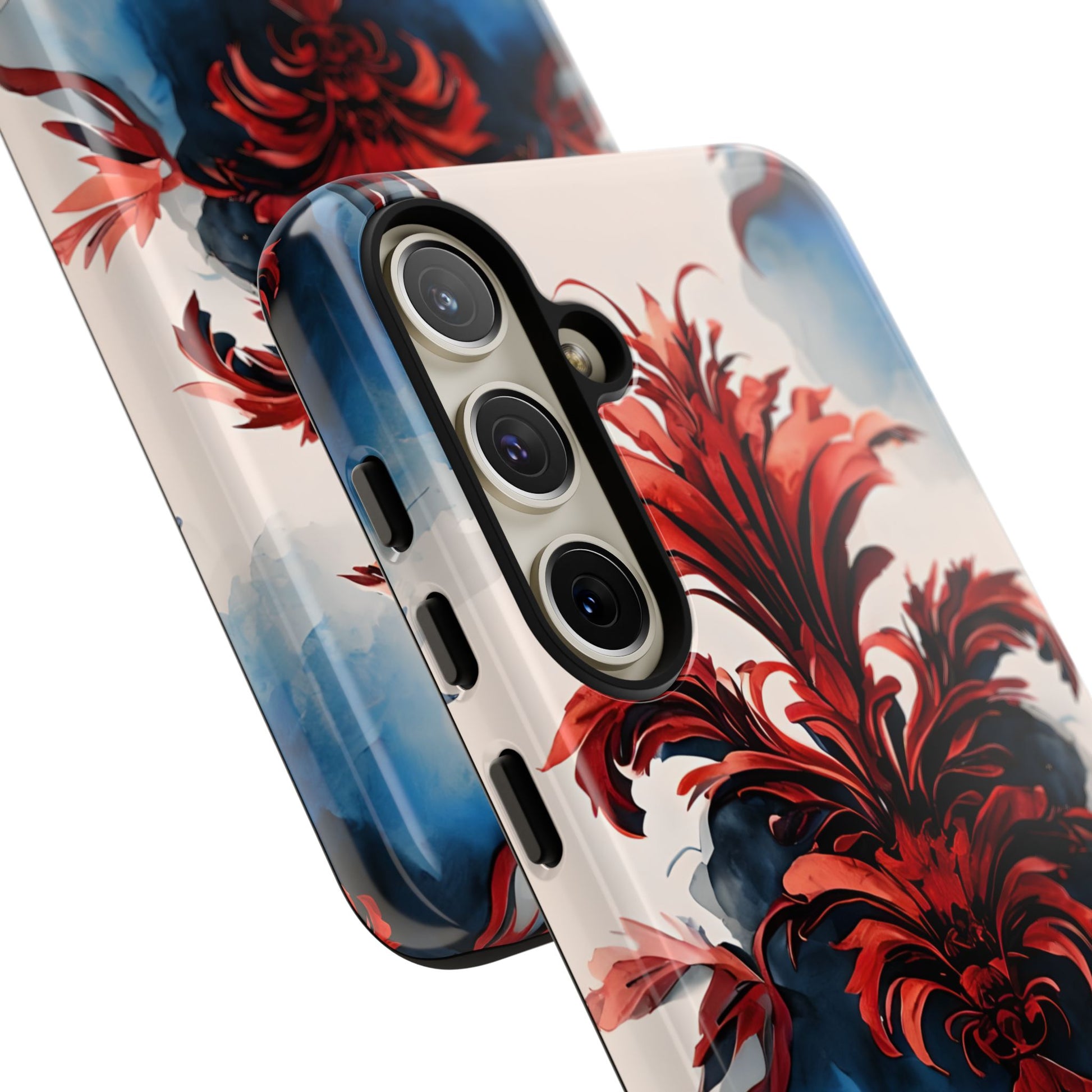 Crimson Plume - Bold Artistic Feather Samsung Galaxy S24 Plus Tough Phone Case - Dramatic Red & Blue Design