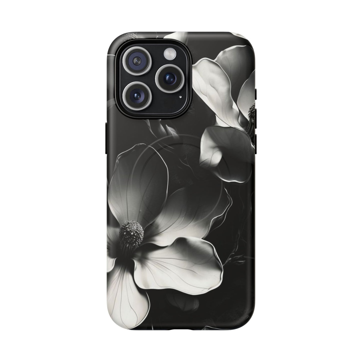 Monochrome Magnolia - Elegant Black & White Floral iPhone MagSafe Phone Case - Artistic Magnolia Design