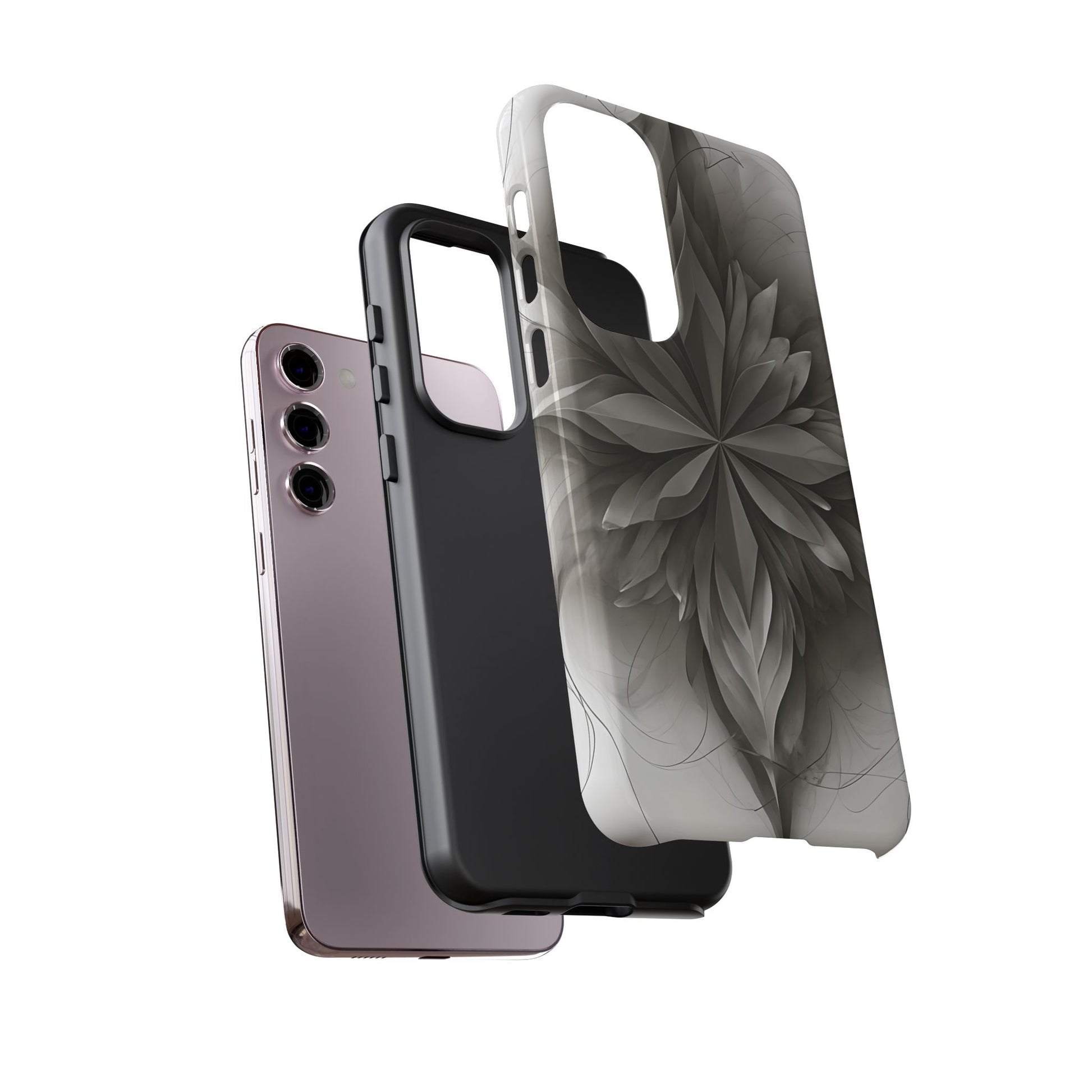 Silver Lotus - Elegant Monochrome Floral Samsung Galaxy S23 Plus Tough Phone Case - Modern Lotus Design