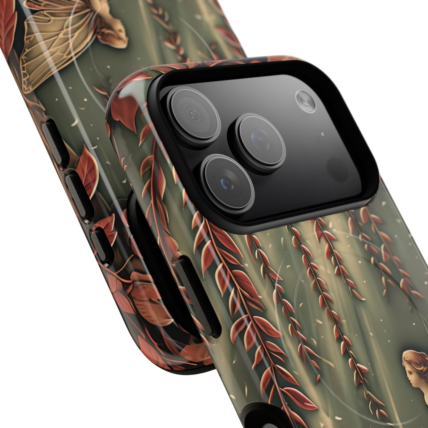 Angled view of Willow Whisper iPhone MagSafe protective phone case with large camera cutouts