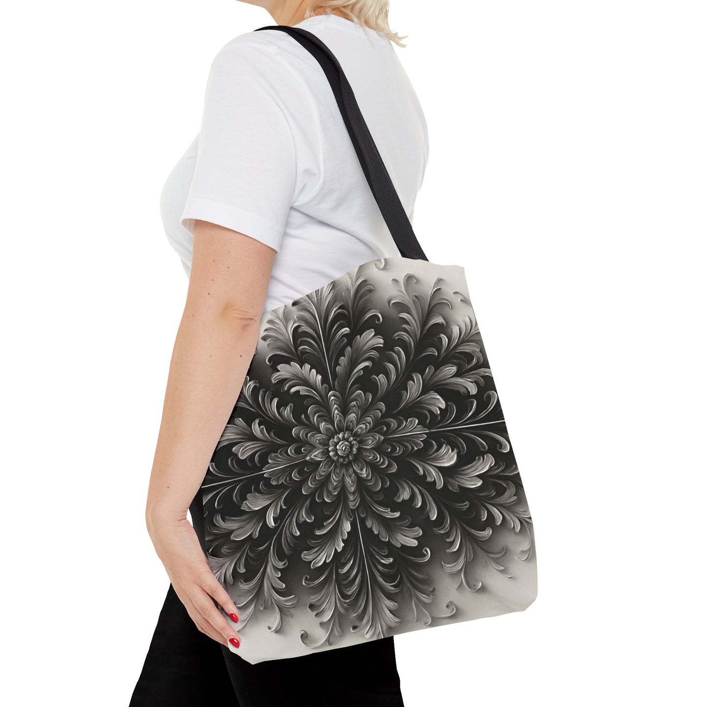 Obsidian Bloom canvas tote bag worn over shoulder showing bold dark floral design