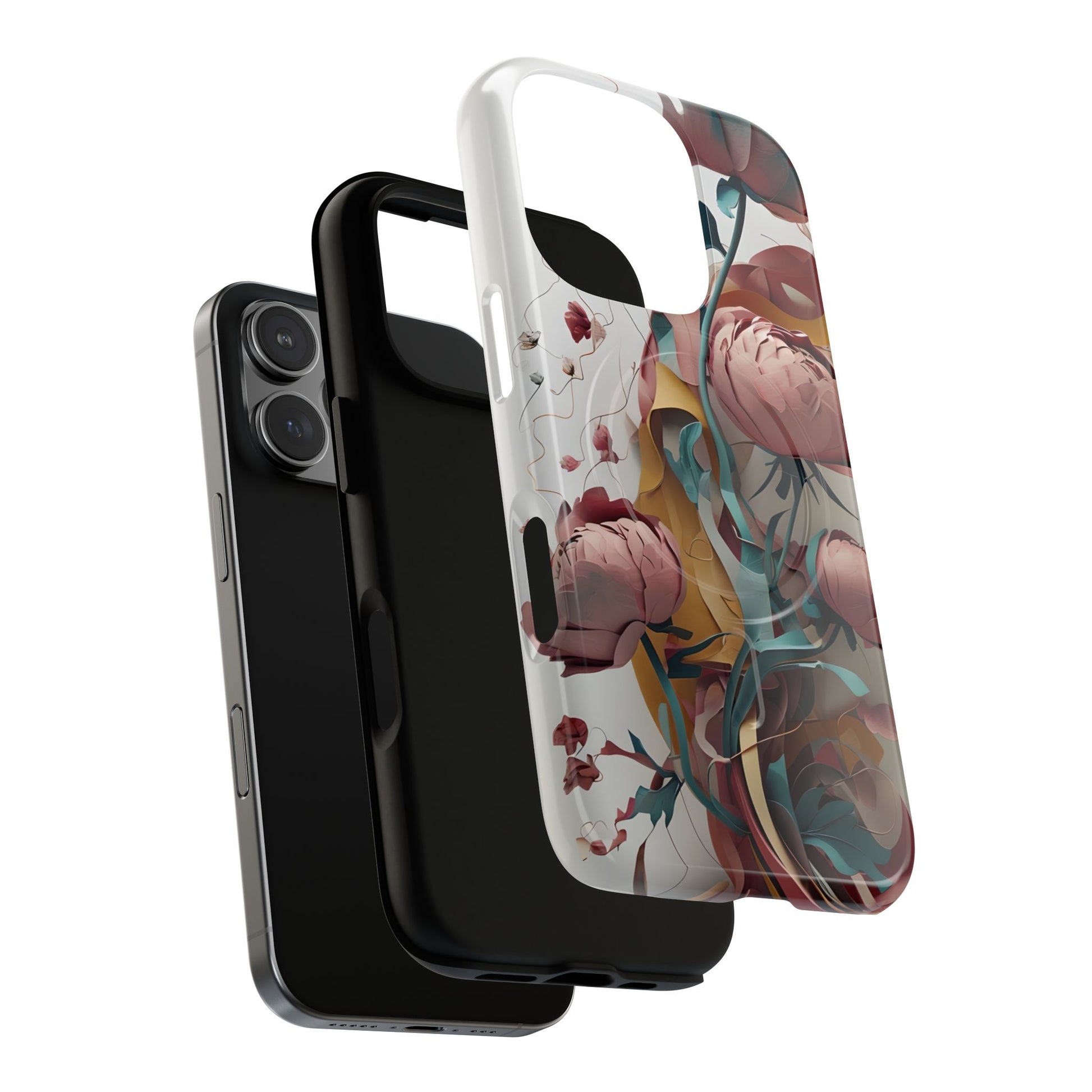 Blushing Peony Veil - Elegant Painterly Floral iPhone 16 Pro MagSafe Phone Case - Soft Blush & Teal Peony Design