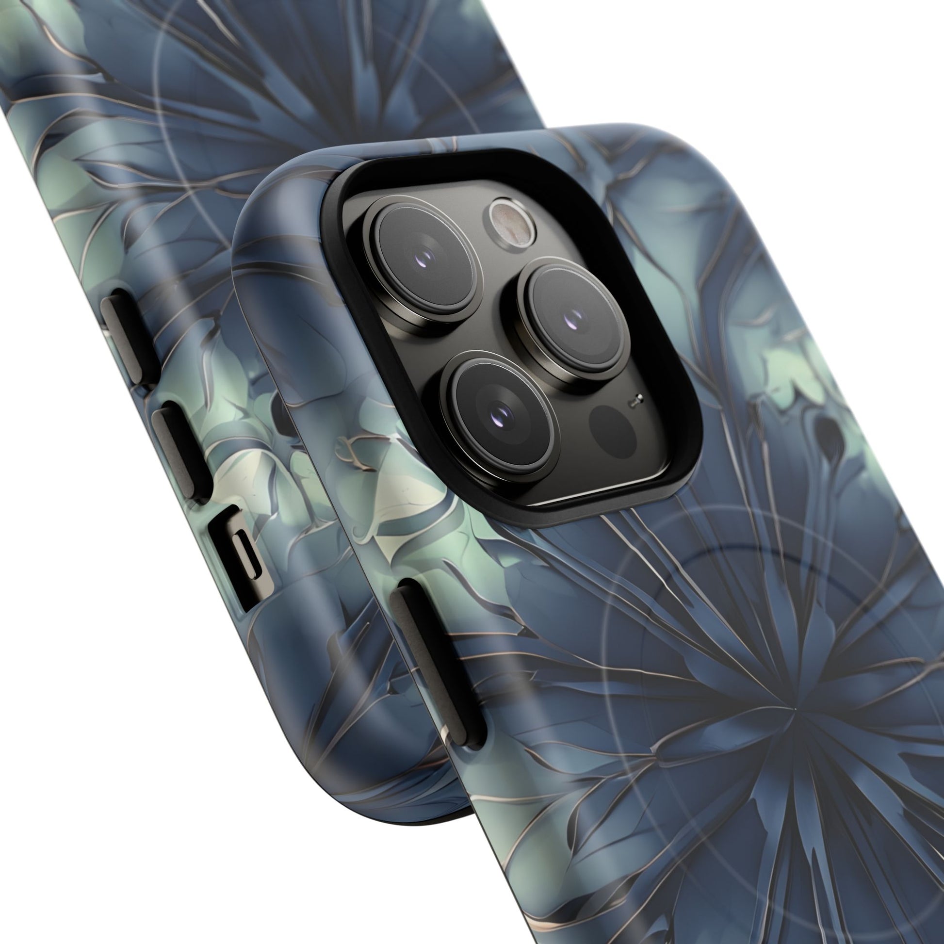 Indigo Mosaic - Artistic Kaleidoscope Collection Artistic Floral - iPhone 14 Pro MagSafe Phone Case -Bold Blue Symmetrical Design