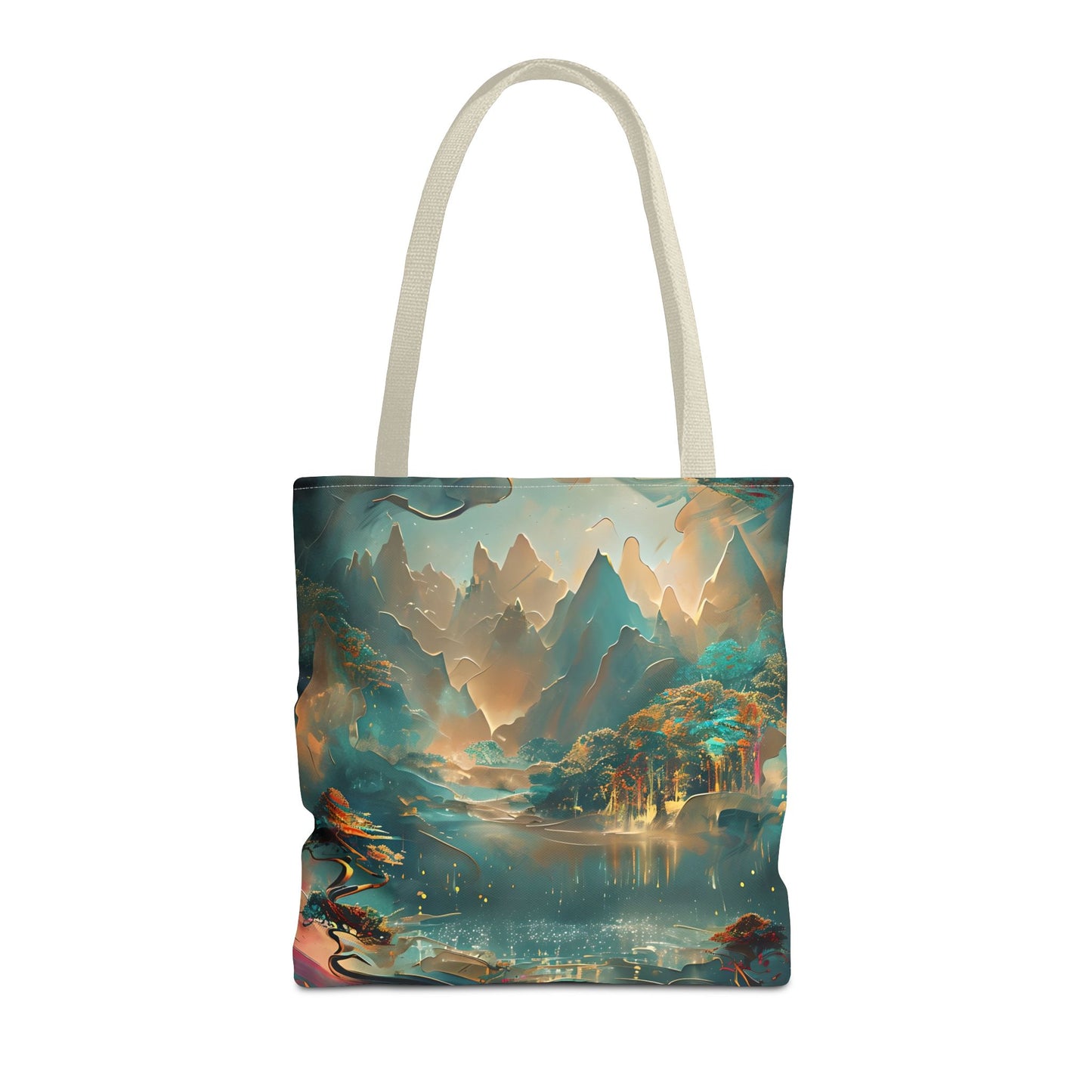 Misty Horizon canvas tote bag featuring dreamy teal and gold abstract landscape design with light beige handles