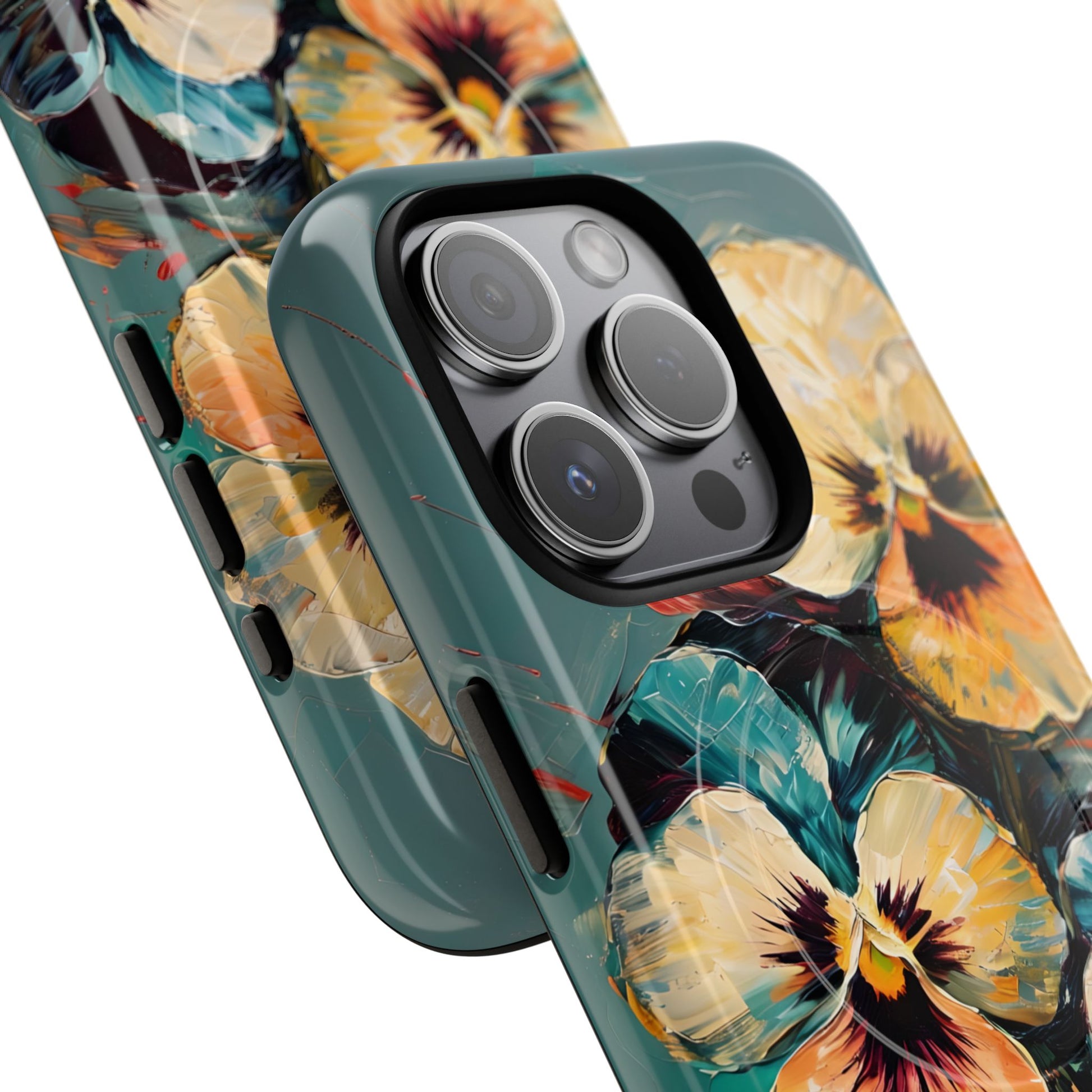 Golden Pansy Cascade - Elegant Floral iPhone 15 Pro MagSafe Case with Deep Teal Background