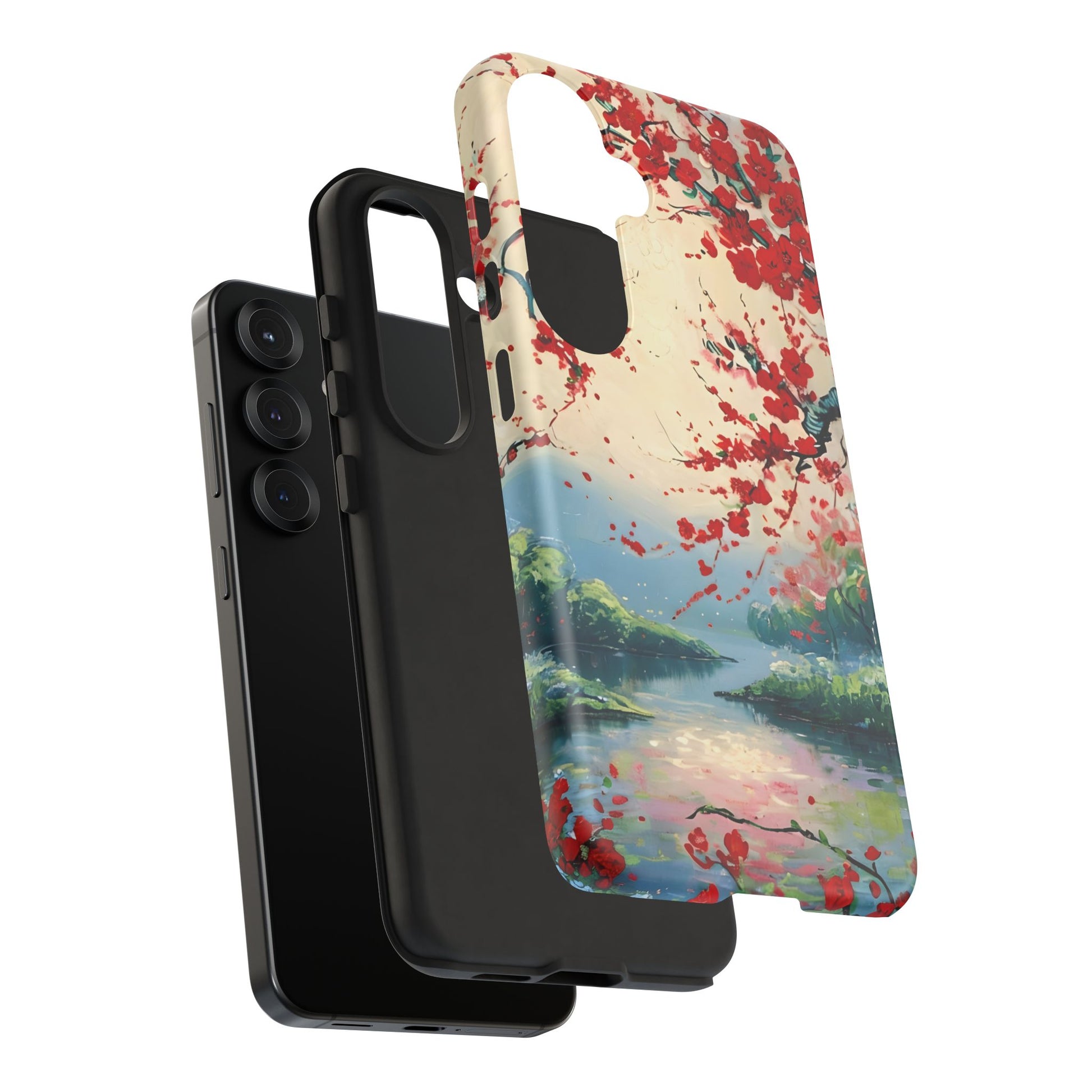 Crimson Blossom Lake - Artistic Floral Landscape Samsung Galaxy S25 Tough Phone Case - Red Cherry Blossoms & Serene Lake Design