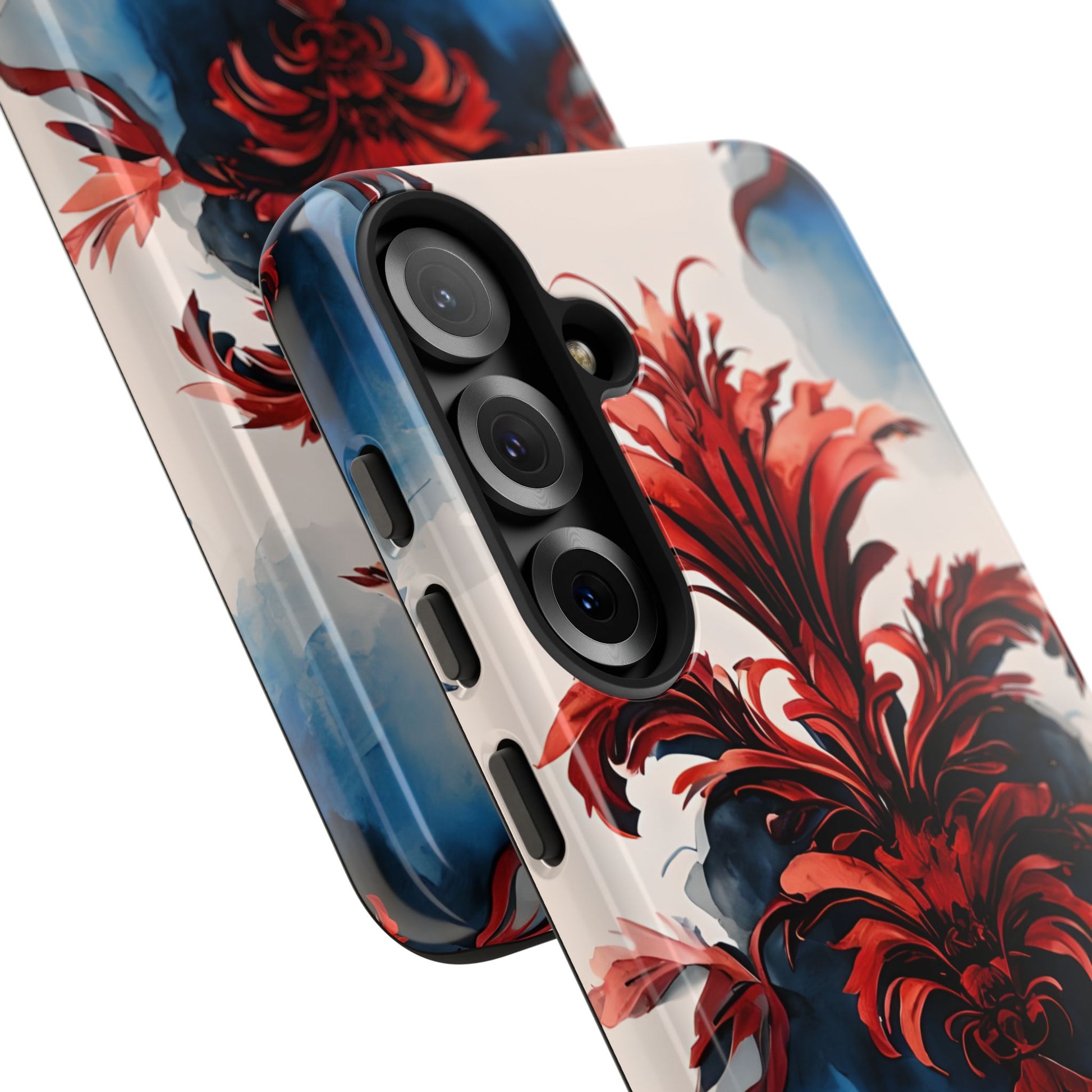 Crimson Plume - Bold Artistic Feather Samsung Galaxy S25 Plus Tough Phone Case - Dramatic Red & Blue Design