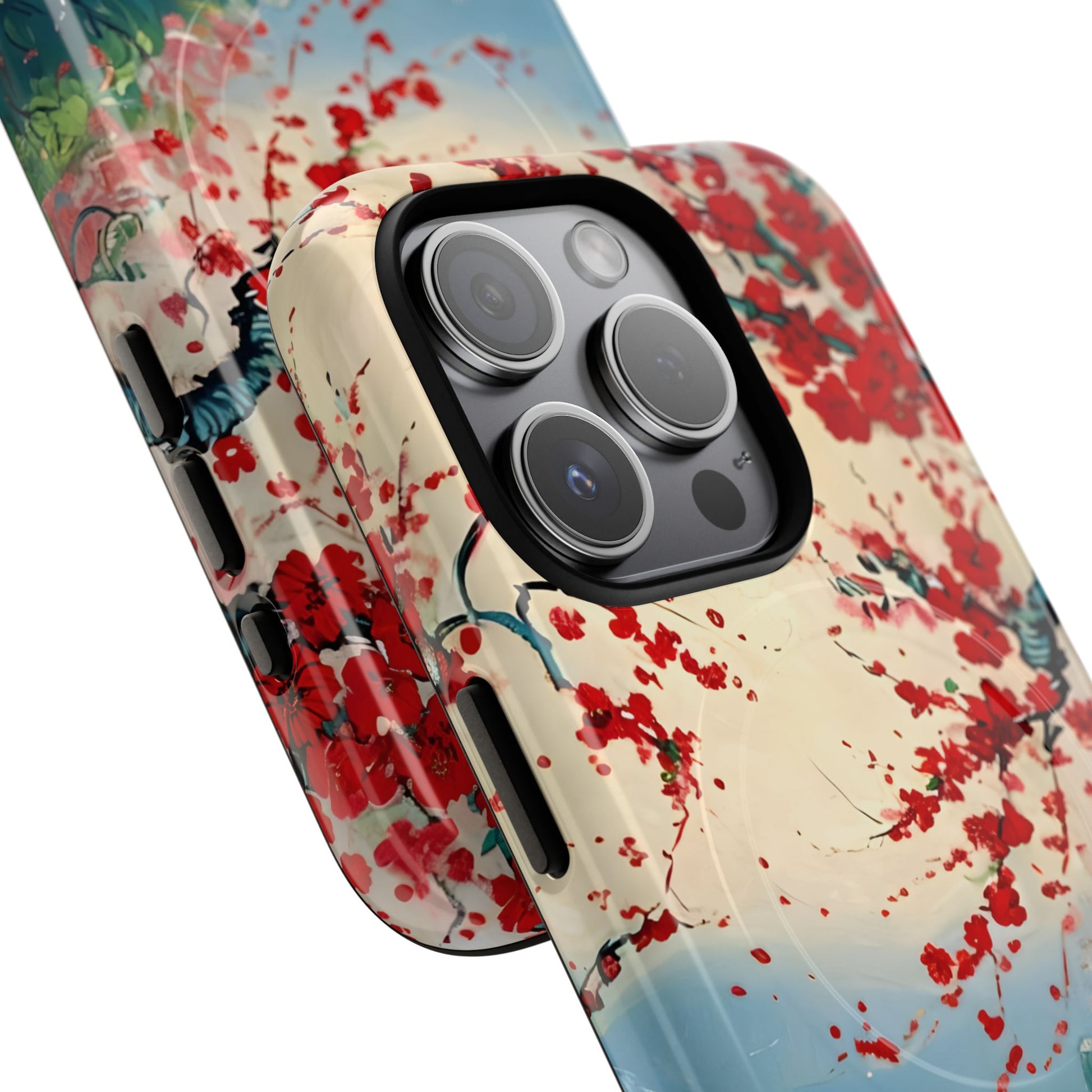 Crimson Blossom Lake - Artistic Floral Landscape iPhone 15 Pro MagSafe Phone Case - Red Cherry Blossoms & Serene Lake Design