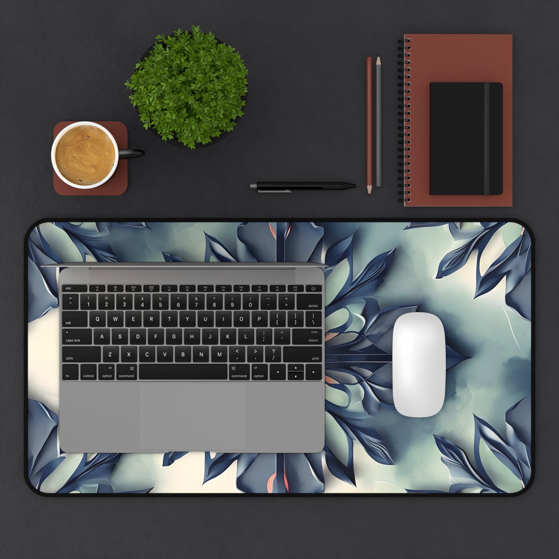 Frosted Indigo Bloom desk mat in workspace with keyboard showing indigo floral design