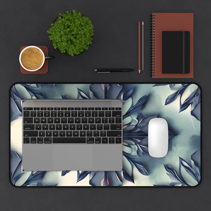 Frosted Indigo Bloom desk mat in workspace with keyboard showing indigo floral design