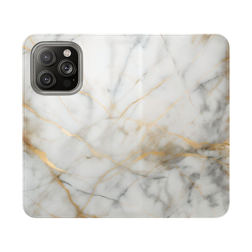 Golden Vein Wallet Phone Case - Gold & White Marble Design - Flip Cover for iPhone 14 Pro