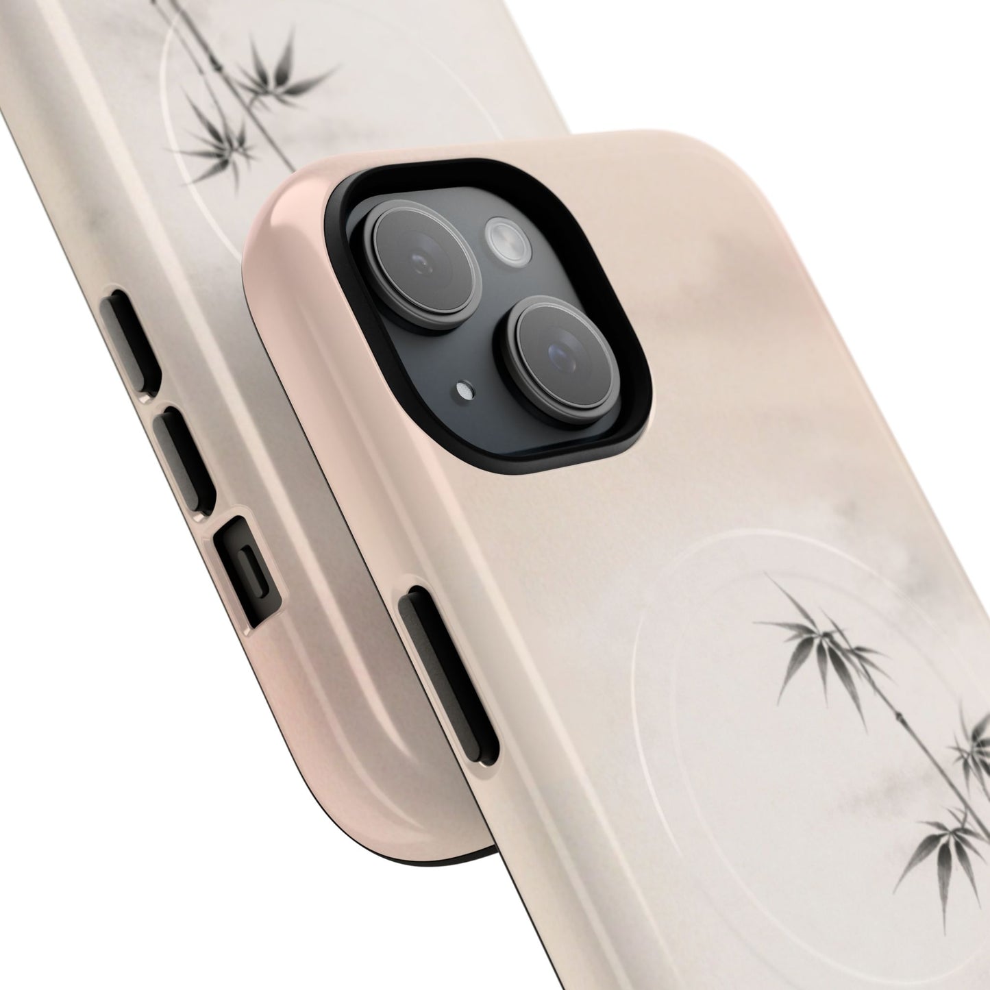 Close side view of minimalist bamboo iPhone case detail, Japanese-inspired ink brush bamboo design on soft neutral background, sleek protective phone cover