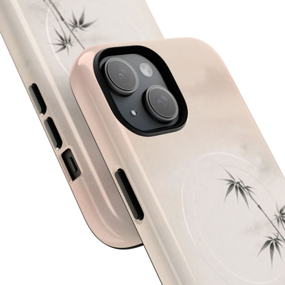 Close side view of minimalist bamboo iPhone case detail, Japanese-inspired ink brush bamboo design on soft neutral background, sleek protective phone cover
