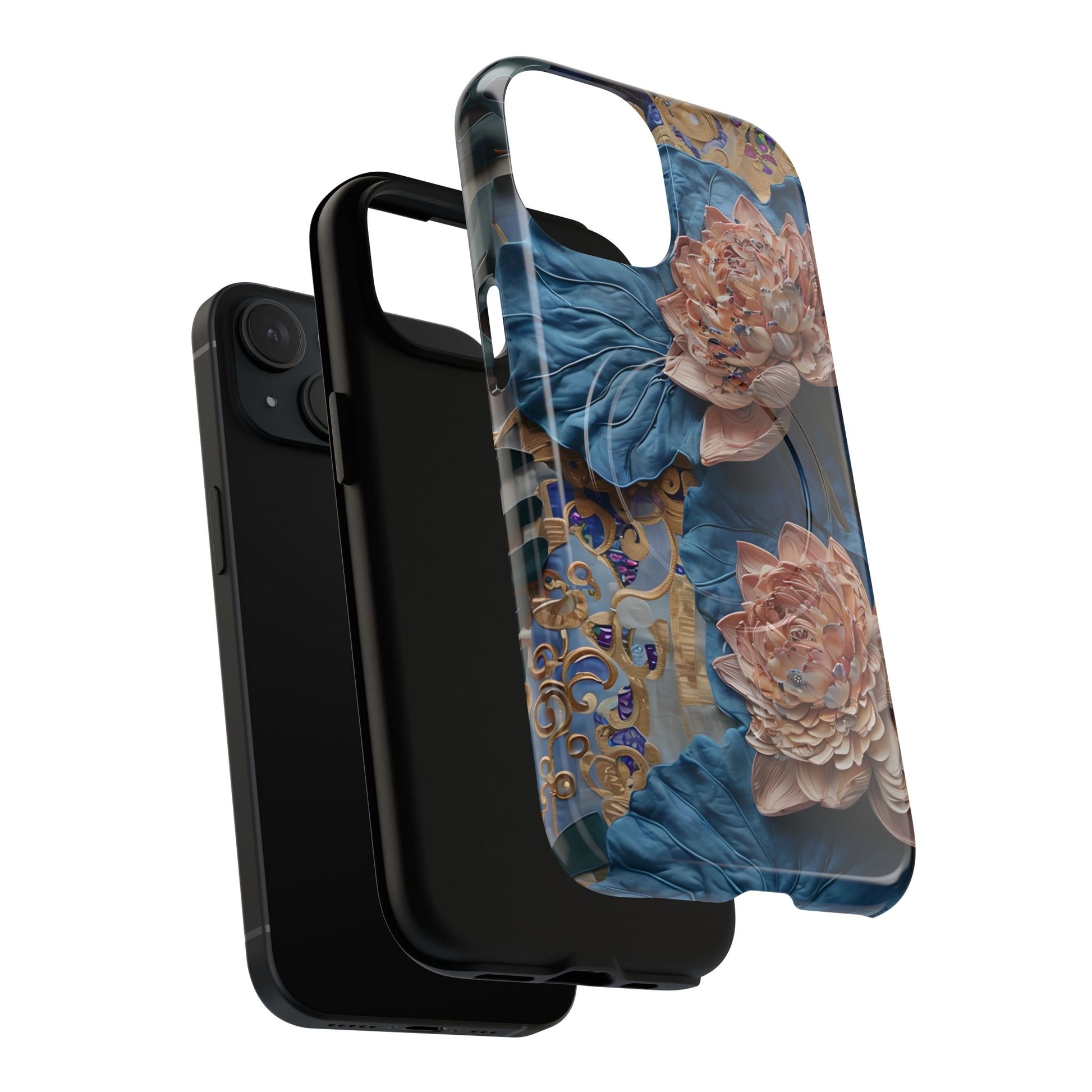 Peony Midnight Tapestry - iPhone 15 - MagSafe Compatible - Elegant Blue & Blush Artful Phone Cover