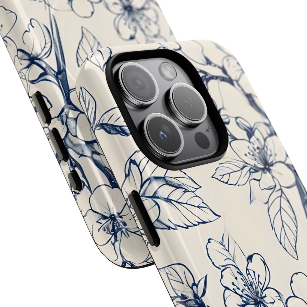 Blossom Sketch - Artistic Blue Floral - iPhone 15 Pro MagSafe Phone Case - Hand-Drawn Botanical Design